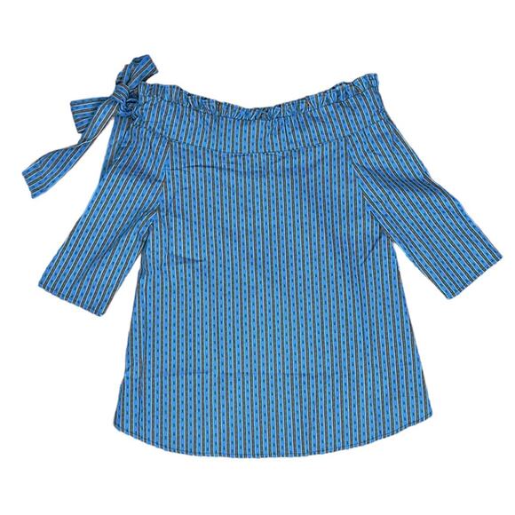 NWT Never A Wallflower Blue and Brown off the shoulder bow top size xs - Picture 4 of 4